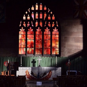 'Fire Window' Manchester Cathedral, designed by Margaret Traherne 1996 after the bombing in Manchester